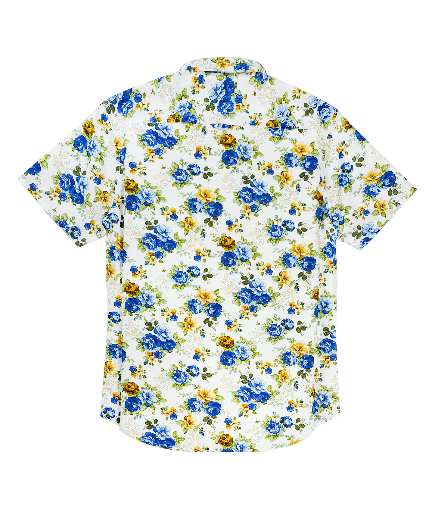 Furdy Floral Print Regular Collar Short Sleeve Shirt, Blue and Yellow Roses Pattern