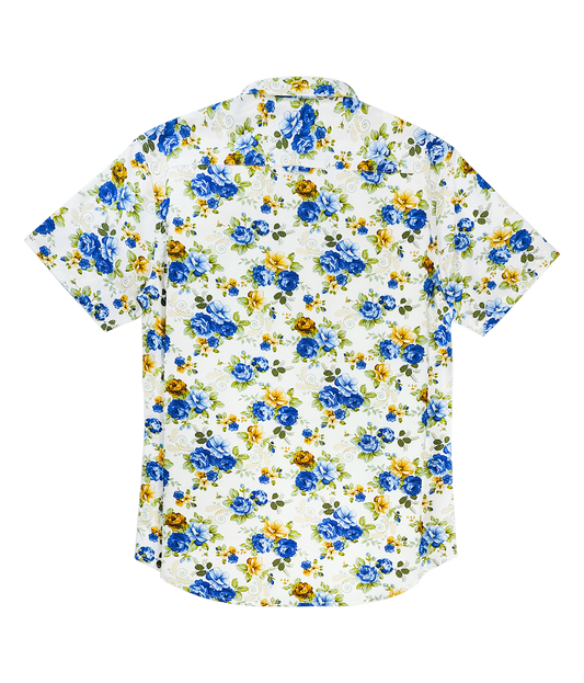 Furdy Floral Print Regular Collar Short Sleeve Shirt, Blue and Yellow Roses Pattern