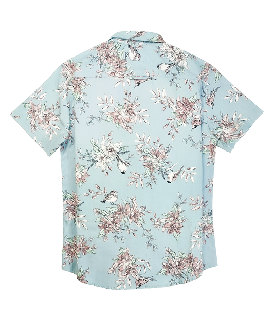 Furdy Men's Floral Print Short Sleeve Button Down Shirt, Light Blue with Pink Flowers