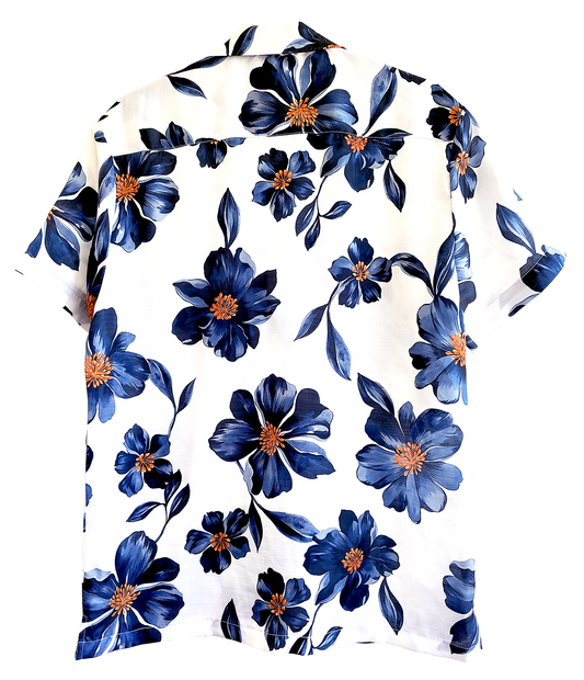 Furdy Blue & White Floral Printed Short Sleeve Camp Collar Shirt