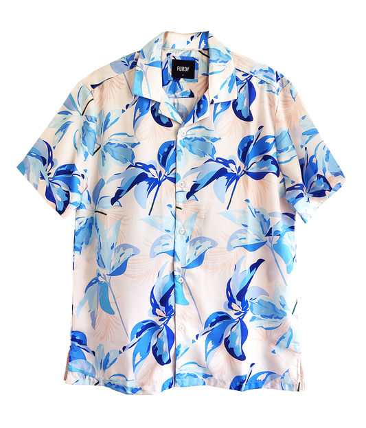Furdy Floral Pink & Blue Print Short Sleeve Camp Collar Shirt