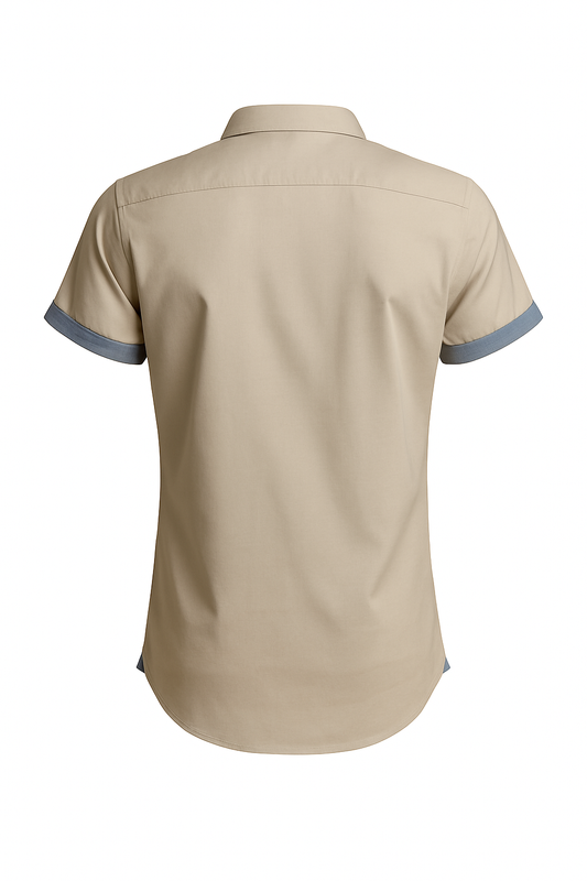 Furdy Men's Casual Short Sleeve Shirt, Regular Fit, Sand Colour with Contrast Cuffs