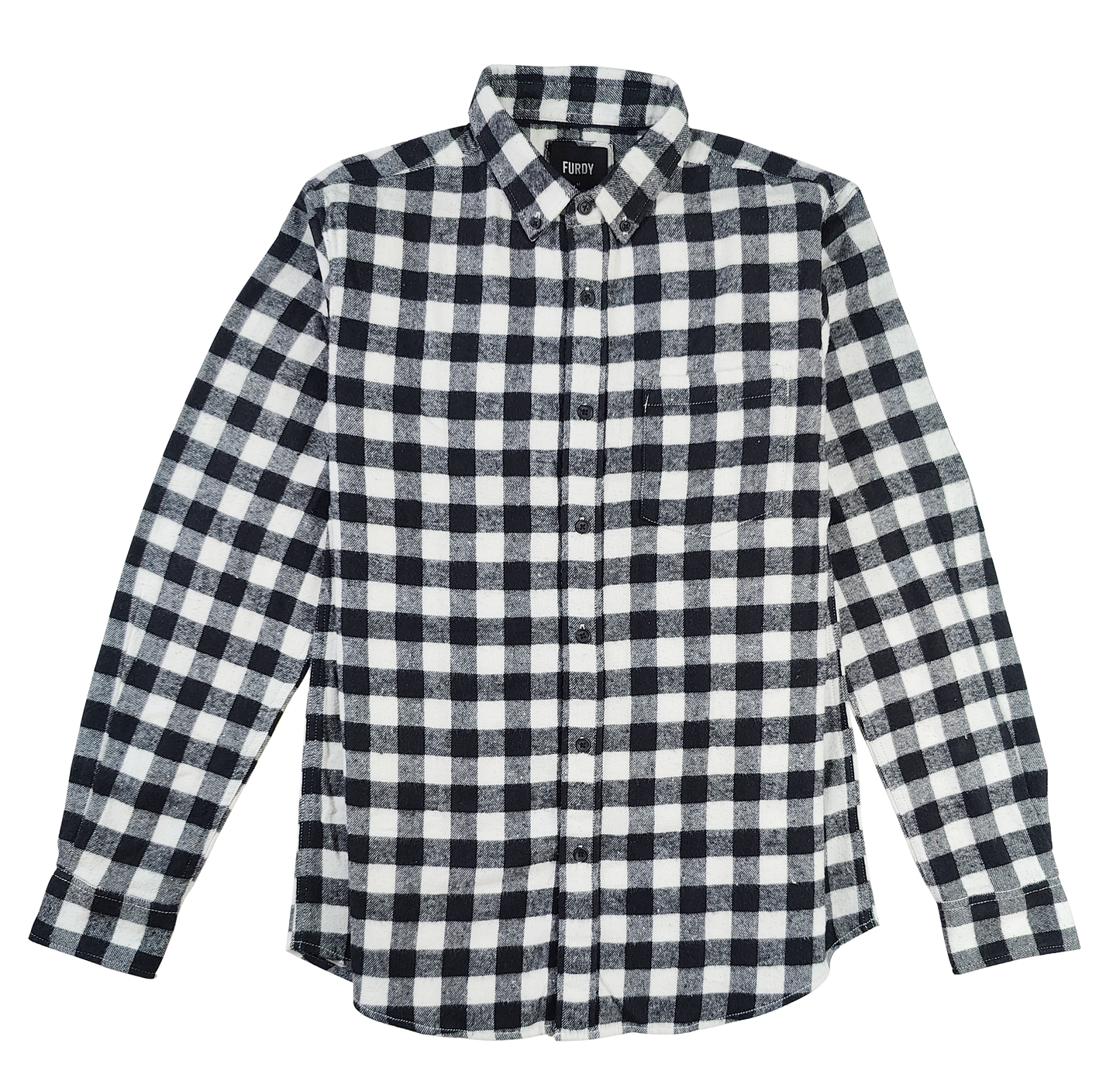 Furdy Buffalo Check Shirt, Black and White Plaid, Long Sleeve, Button-Down Collar