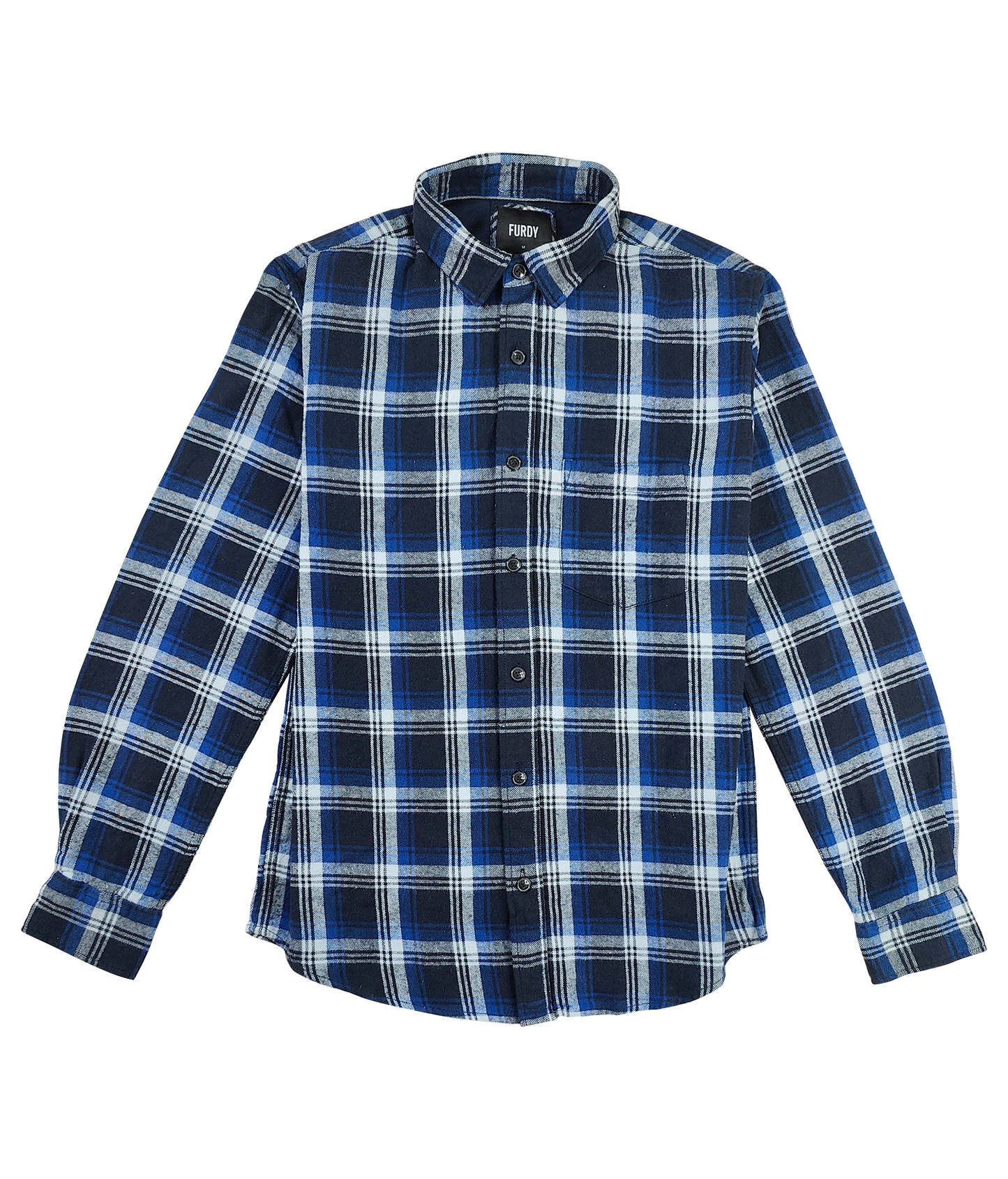 Furdy Blue & White Check Pattern, Long Sleeve Flannel Shirt