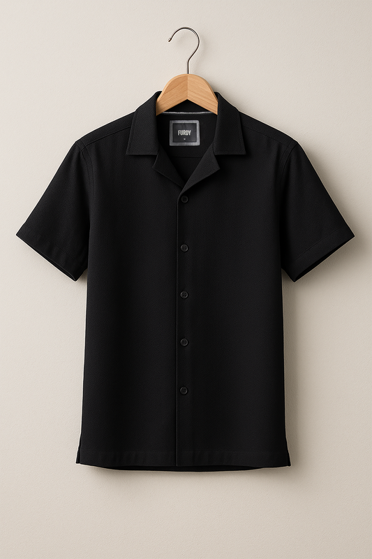 Furdy Men's Camp Collar Shirt, Short Sleeve, Seersucker, Relaxed Fit, Black