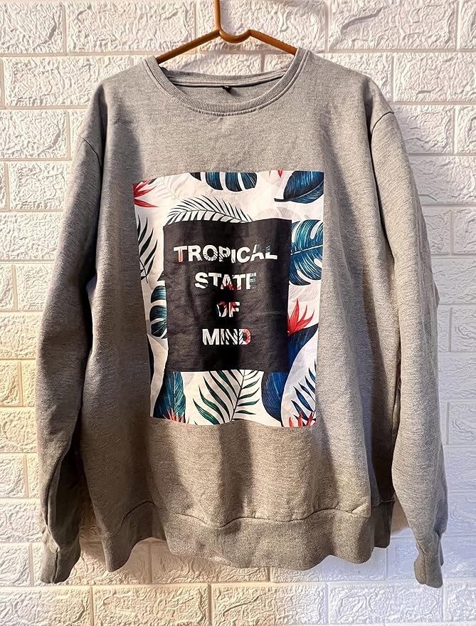 Furdy Graphic Crewneck Sweatshirt, Tropical State of Mind Print, Grey, Long Sleeve