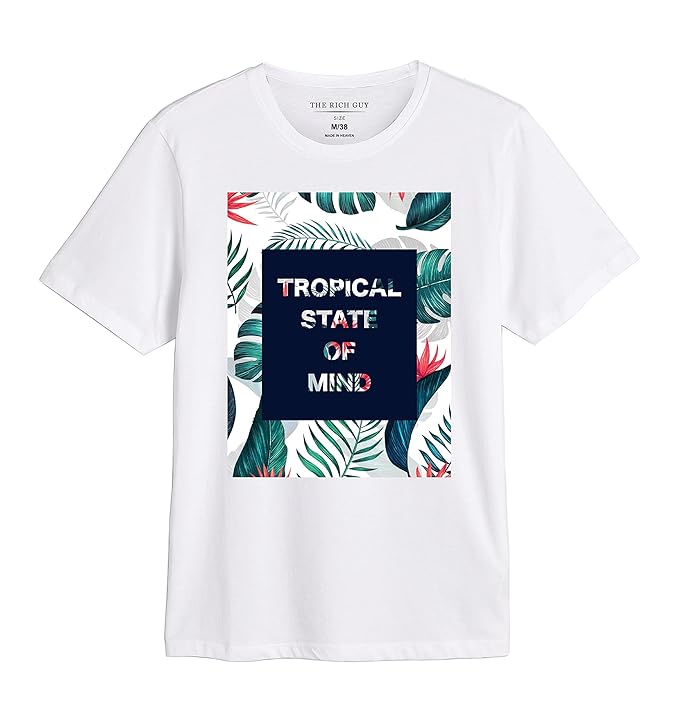 Furdy Tropical State of Mind Graphic T-Shirt, White Cotton, Short Sleeve
