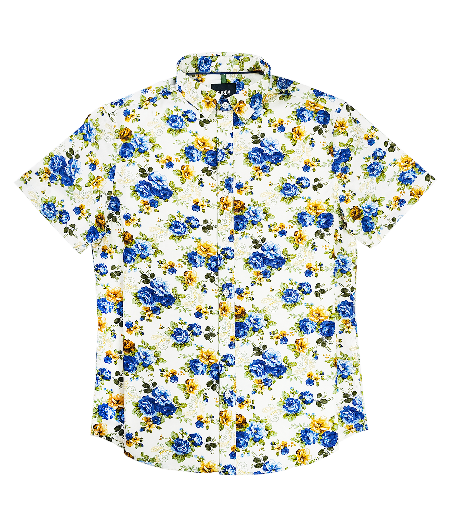 Floral Print Regular Collar Short Sleeve Shirt, Blue and Yellow Roses Pattern