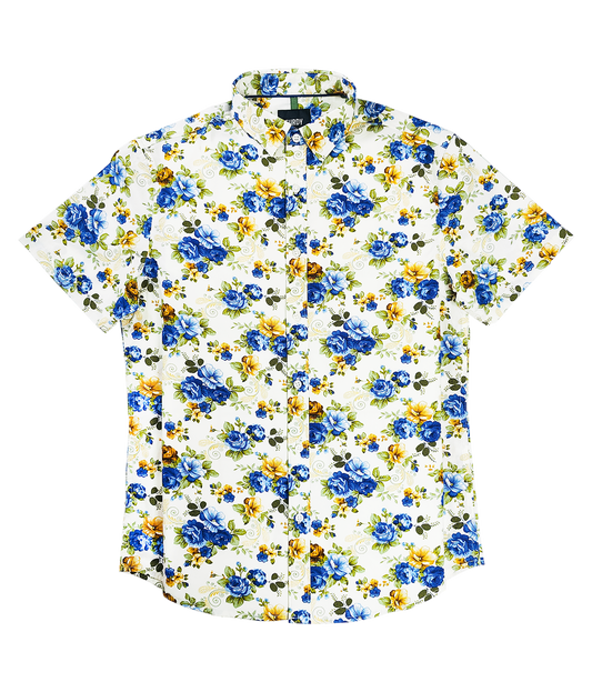 Floral Print Regular Collar Short Sleeve Shirt, Blue and Yellow Roses Pattern