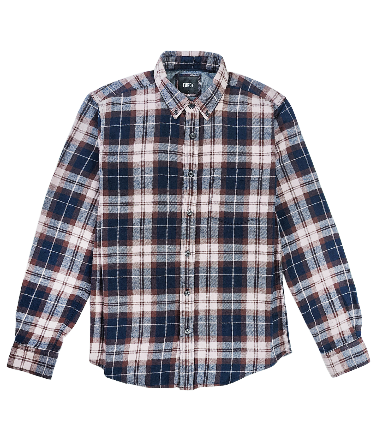 Plaid Flannel Shirt, Long Sleeve, Button Down, Navy Blue and Brown