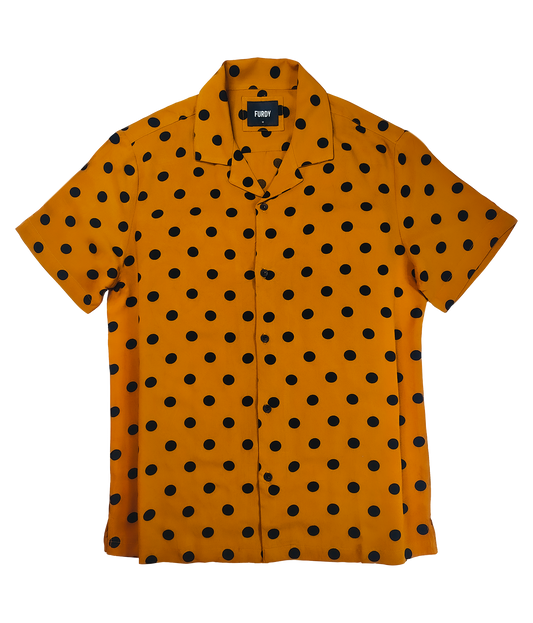 Short Sleeve Camp Collar Shirt, Orange with Black Polka Dots