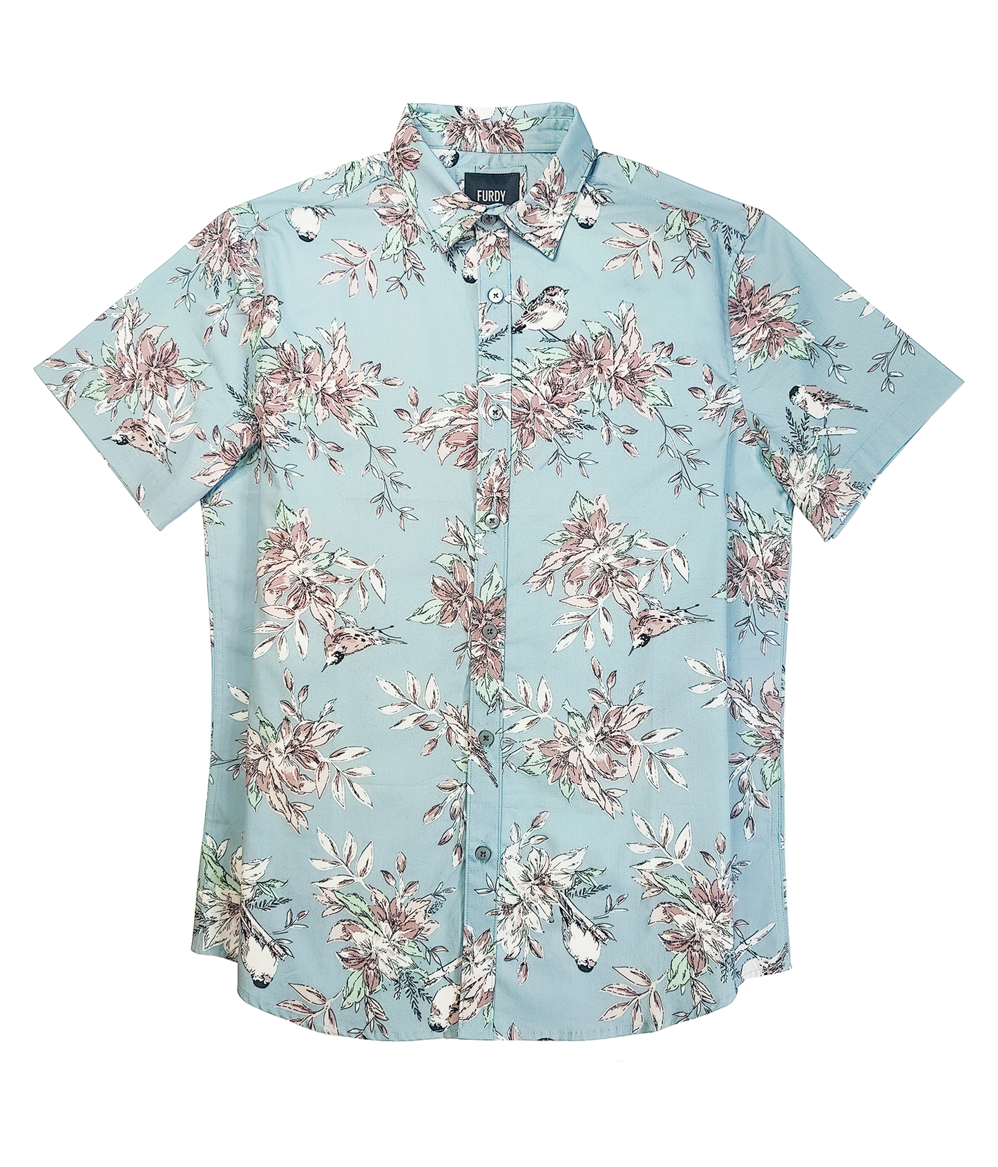 Men's Floral Print Short Sleeve Button Down Shirt, Light Blue with Pink Flowers