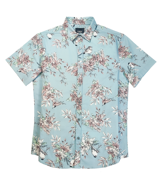 Men's Floral Print Short Sleeve Button Down Shirt, Light Blue with Pink Flowers