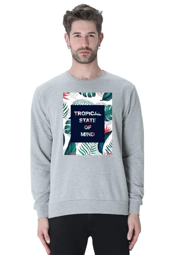 Graphic Crewneck Sweatshirt, Tropical State of Mind Print, Grey, Long Sleeve