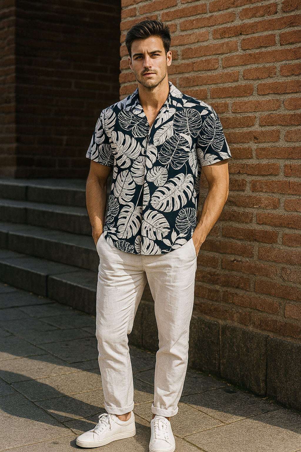 Furdy Men's Tropical Monstera Leaf Print Summer Shirt, Black and White