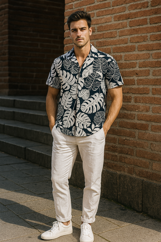 Furdy Men's Tropical Monstera Leaf Print Summer Shirt, Black and White