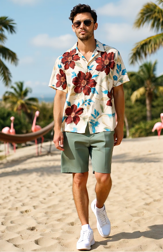 Furdy Summer Floral Print Camp Collar Shirt