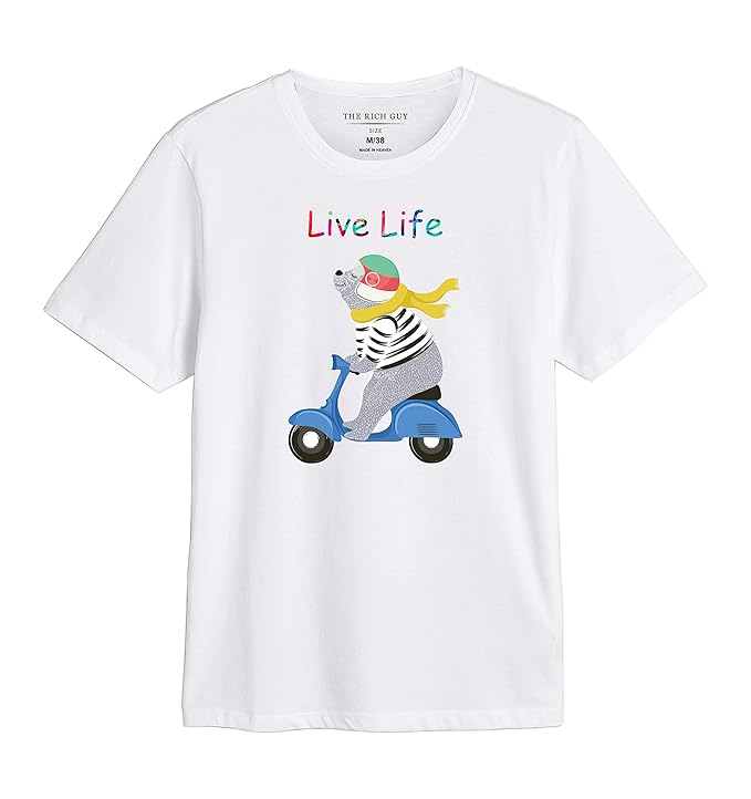 Furdy Live Life Graphic T-Shirt, White Cotton, Scooter Print Design