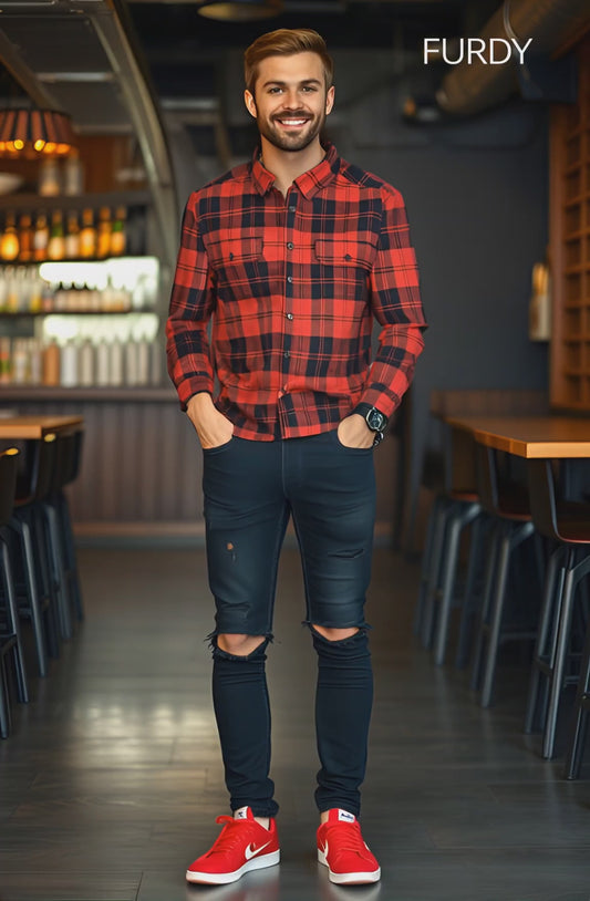 Furdy Red and Black Check Pattern, Long Sleeve Overshirt, Dual Front Pockets